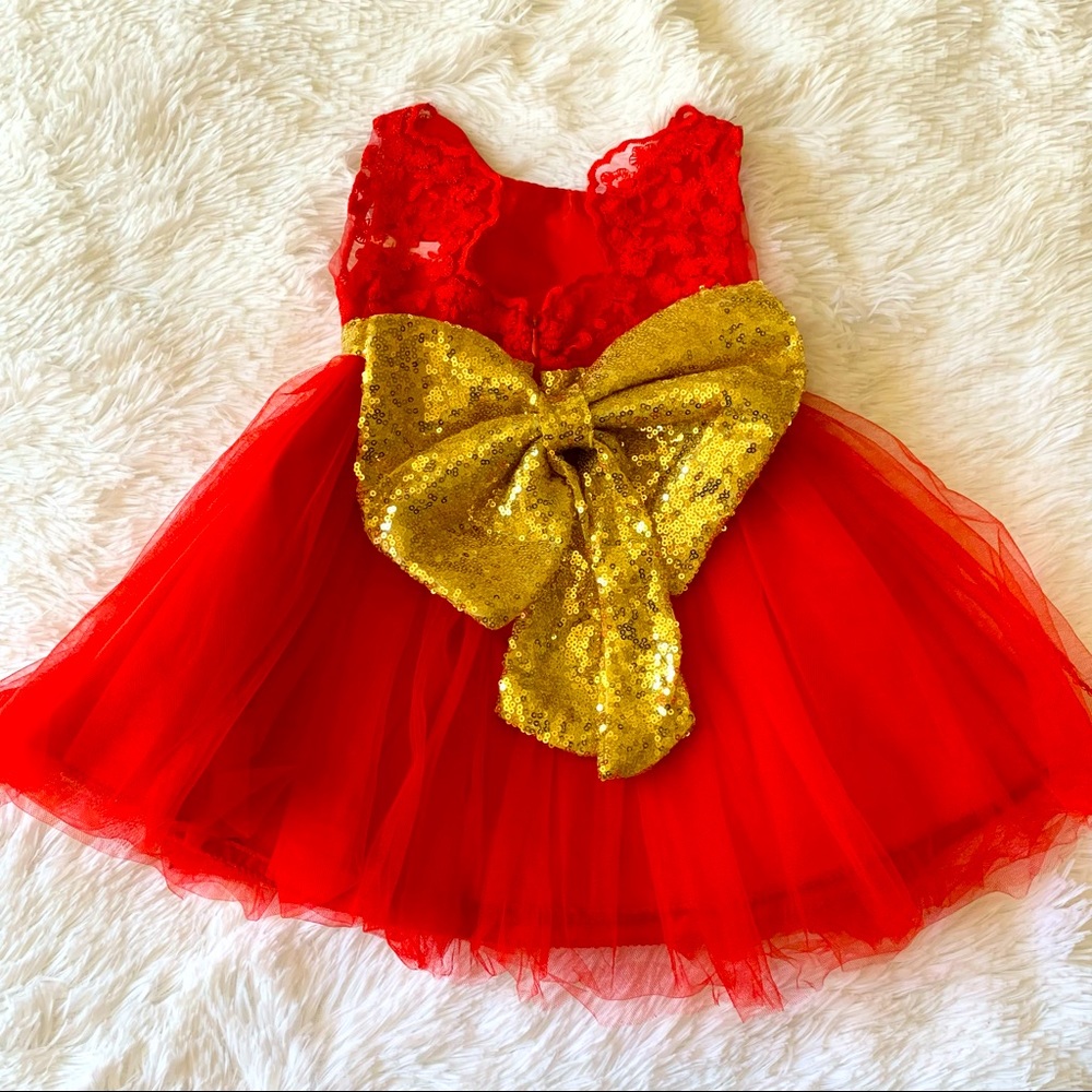 🧁 2 for $20 Red Baby Dress with oversized gold sequin bow 12-18 months